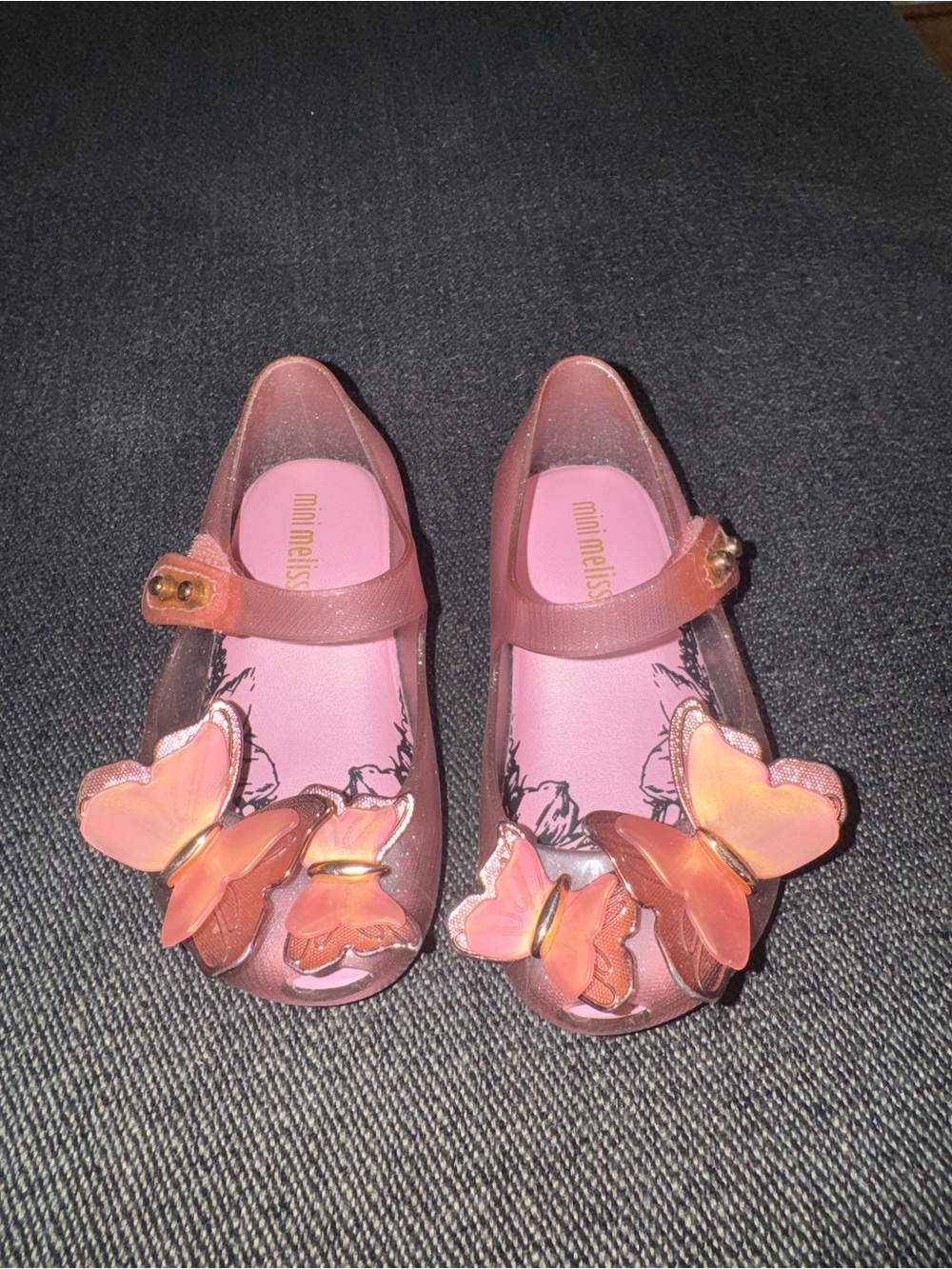 Mini Melissa Glitter Pink Jelly Mary Jane Sandals with Butterfly Embellishments